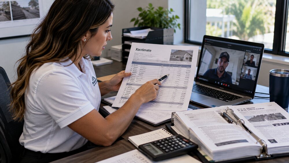 Estimator pointing to a line item on a printed Xactimate estimate during a video call