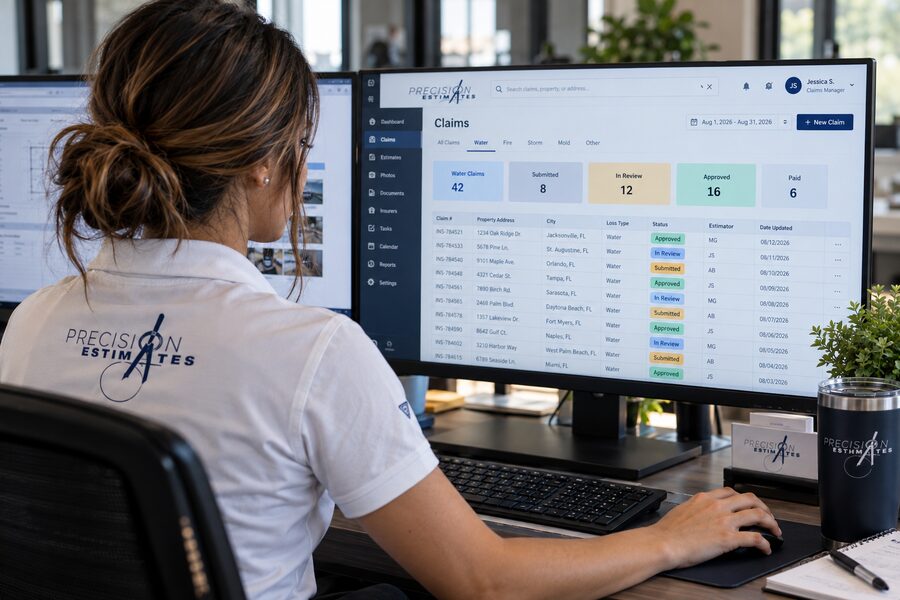 Water damage claim tracking dashboard showing claims by status: submitted, in review, approved, and paid