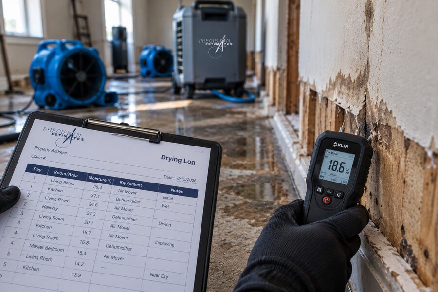 Water damage dry log documentation with daily moisture readings and equipment beside a moisture meter on wet drywall