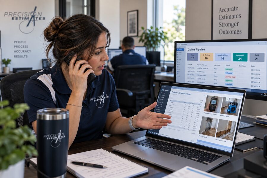 Estimating specialist explaining a water damage estimate on a call with the carrier, using moisture readings and photos