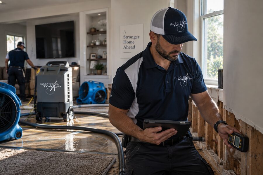 Water mitigation billing specialist taking moisture readings on wall framing while air movers dry a living room
