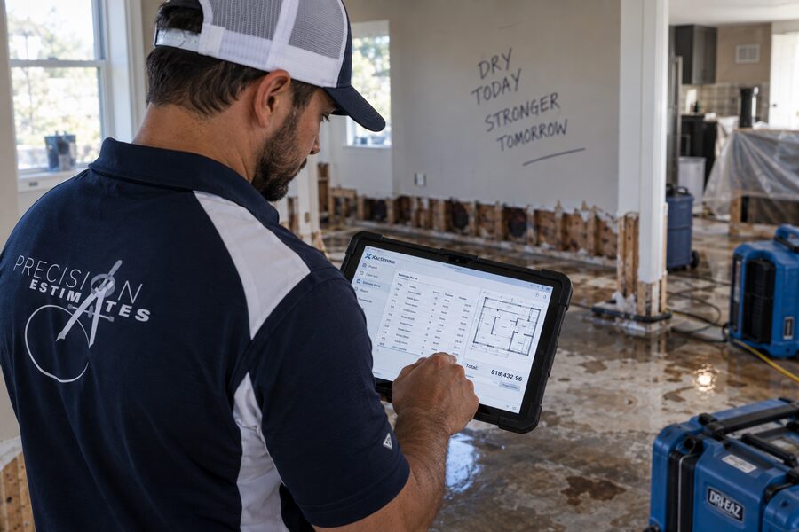 Xactimate water damage estimate and floor plan reviewed on a tablet at a water mitigation job site