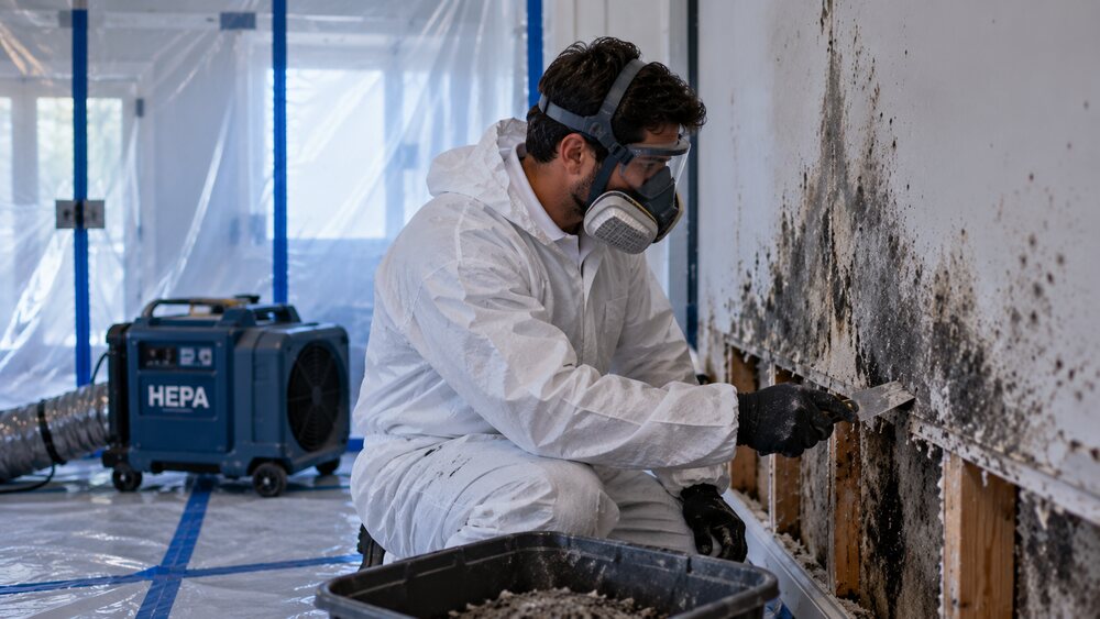 Technician in HEPA containment scraping mold from a wall during remediation