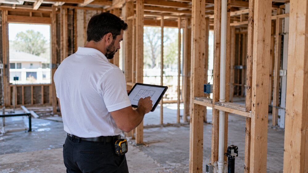 Estimator reviewing a floor plan on a tablet inside a framed rebuild site
