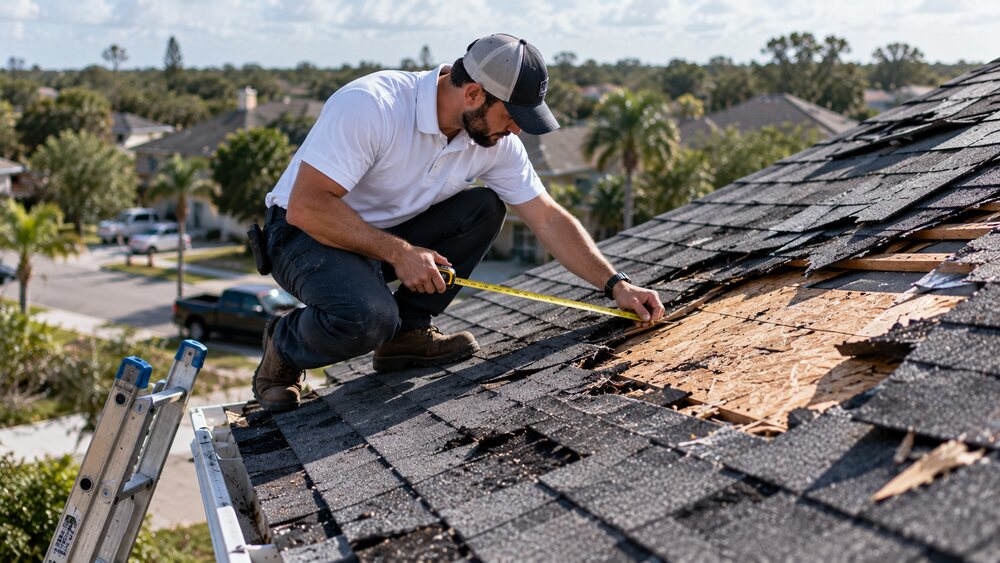 Estimator measuring exposed roof decking after shingle damage