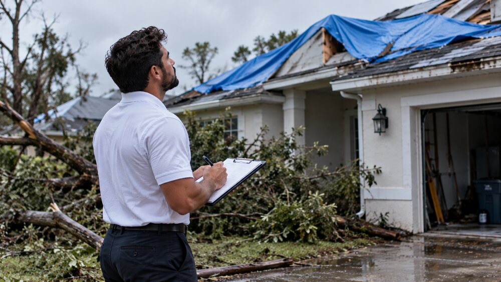 Estimator documenting hurricane damage at a home with a tarped roof and fallen trees