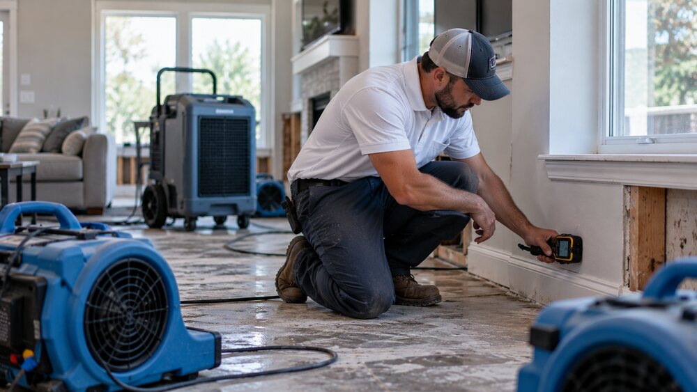 Technician taking moisture readings beside air movers drying a water-damaged room