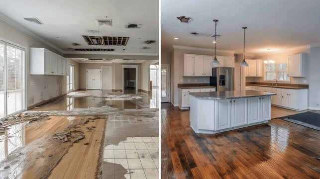 Before and after water damage restoration showing the scope that requires accurate supplement writing for full insurance recovery